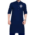 Stylish Navy Blue Chest Bunch Printed Men's and Boys Kurta Pajama / Shalwar Kameez - New Design for Gents. 