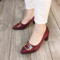 Women's Pointed Toe Pumps with Golden Buckle - Satin Finish Low Block Heel Fancy Court Shoes for Girls - Maroon, Green & Brown. 