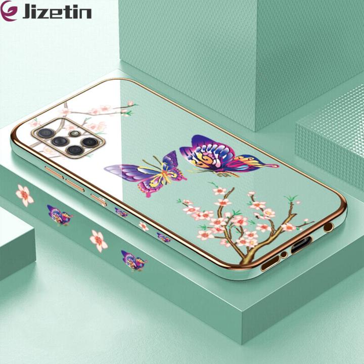Jizetin (Free Lanyard) for Samsung Galaxy A71 Back Cover Peach Blossom and Butterfly Luxury 6D Plating Case Side Pattern Soft Silicone Square Mobile Phone Cases