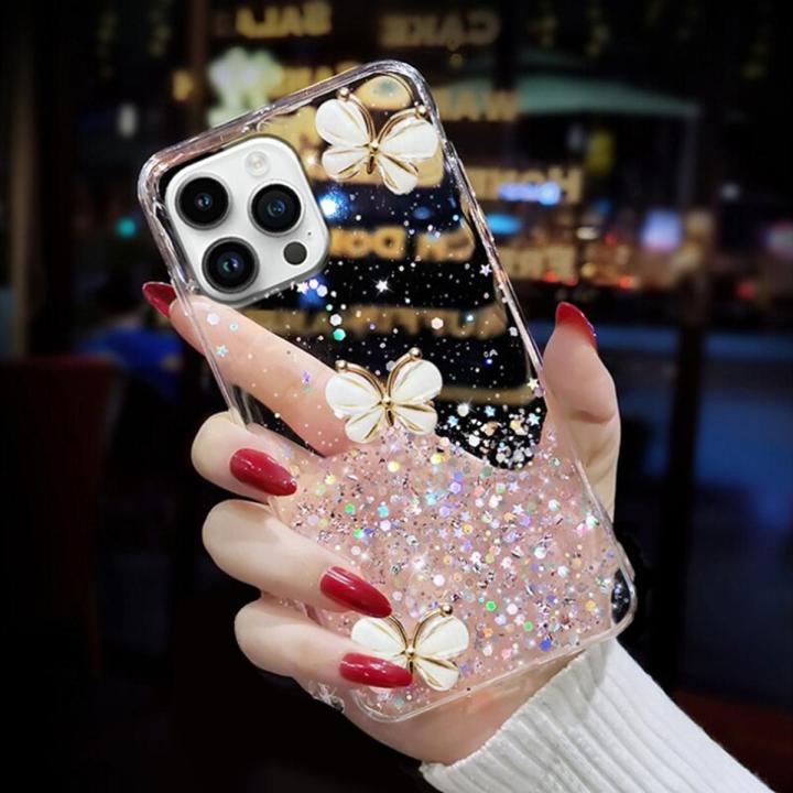 For iPhone 14 Pro Max Back Cover Luxury Bling 3D Diamond Butterfly