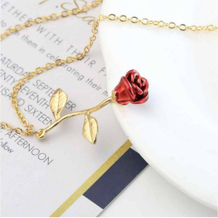 Red Rose Necklace Beauty & the Beast Rose Necklace, Anniversary Gift For Girls
