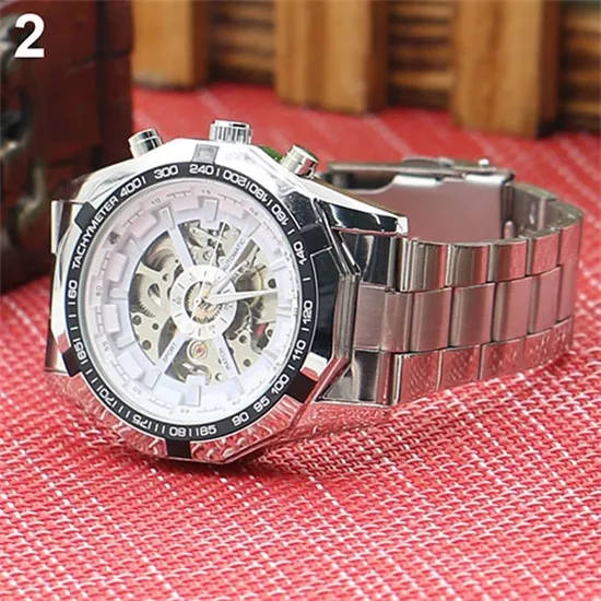 Men Hand Winding Skeleton Automatic Mechanical Stainless Steel Sport Wrist Watch