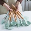 12 Pcs Silicone Cooking Utensils Kitchen Utensil Set - Heat Resistant Non-Toxic BPA Free Spatula Set with Turner Tongs,Spoon,Brush,Whisk-Wooden Handles Kitchen Gadgets Tools Set for Nonstick Cookware. 
