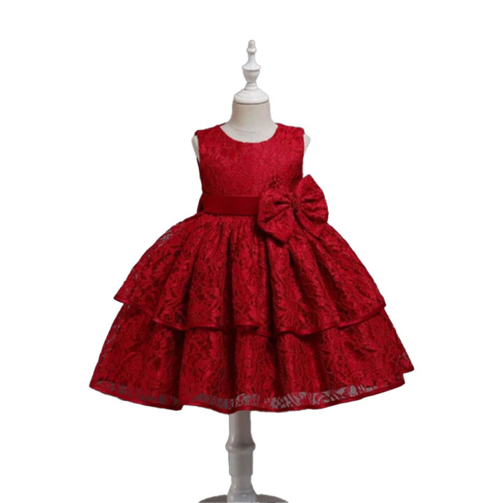 Red fairy frock self embroidered