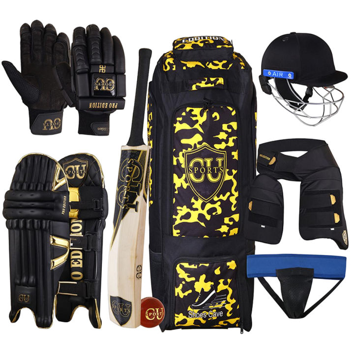 CU Full Cricket Pro Edition Kit Thigh Guard Abdominal Guard Helmet Batting Gloves Bat Kit Bag Leg guard Pad Complete Set