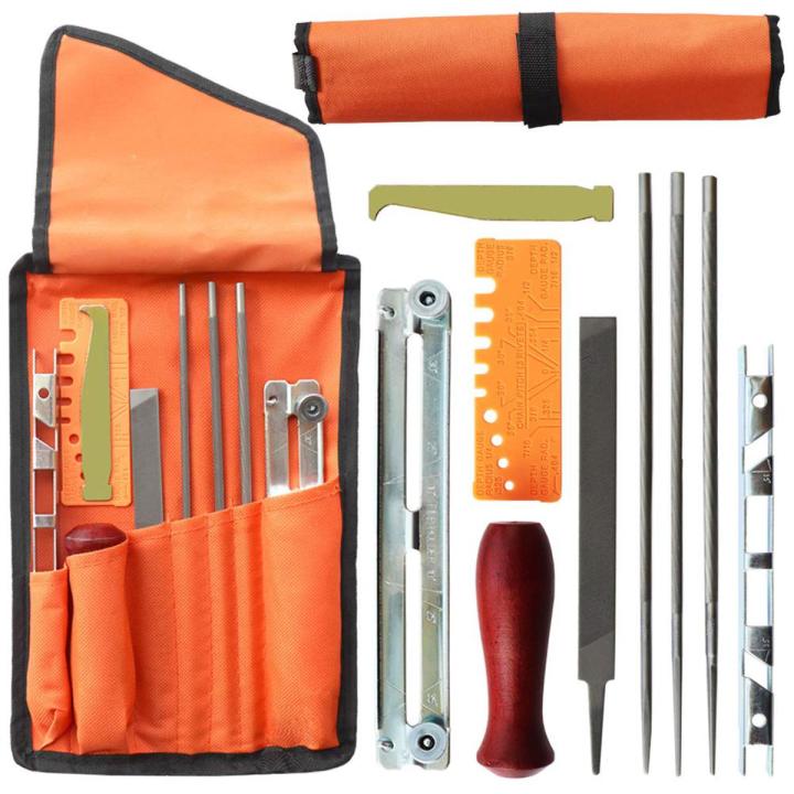 chainsaw sharpener-3x Round Files
1x Flat File
1x Hardwood Handle
1x Depth Gauge Tool
1x Screw On File Guide
1x Quick Check Gauge
1x Bar Groove Cleaner
1x Carrying Pouch-…
