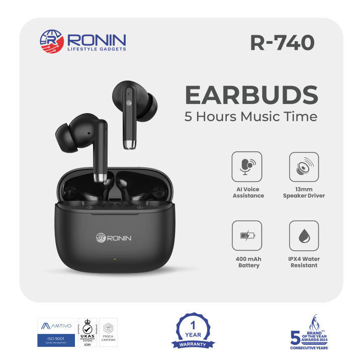 Ronin R-740 Earbuds, 13mm Driver & Bluetooth 5.3, Bass Sound, Touch Control & 5 Hours Battery, IPX4 Water-Resistant, 400mAh Battery Case & Sleek Design, Android & iOS Compatible, Clear Sound & Hands-Free Calls