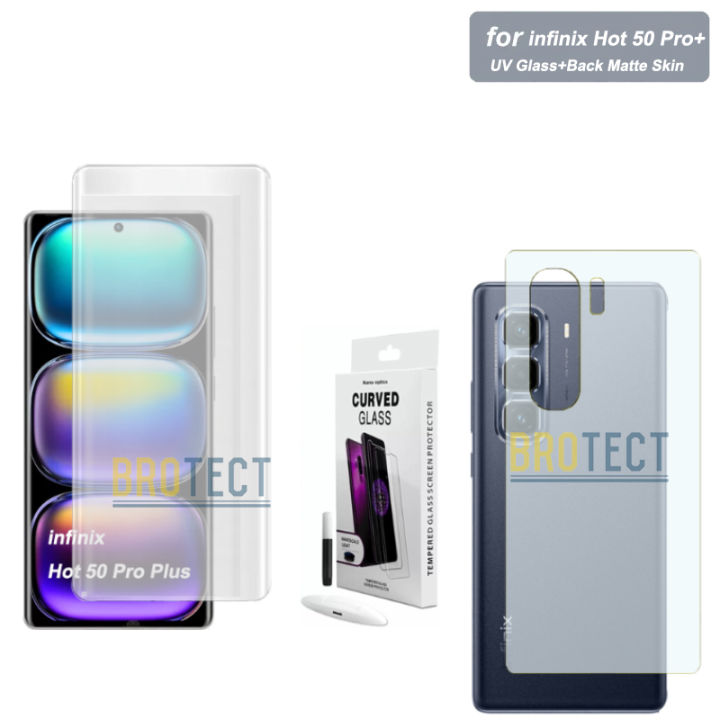 2 in 1 infinix Hot 50 Pro Plus UV Tempered Glass Liquid Glue Screen Protector Curved Edge to edge + Back Matte Protector Soft Skin Sheet Film For Hot 50 Pro+ Plus - Transparent