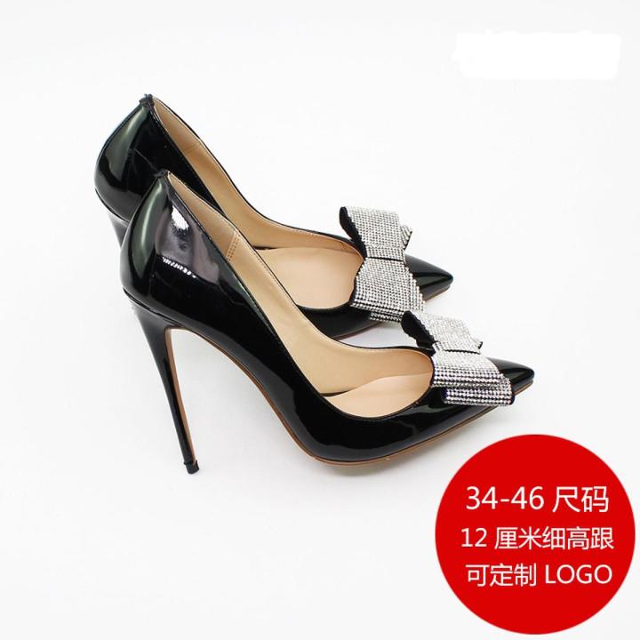Spring patent leather pointed toe rhinestone bow single shoes stiletto banquet dress all-match large size fashion women's shoes