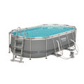 Bestway Power Steel Framed Oval Above Ground 14 Ft Big Length, 8.2 Foot Width Pool For Family Fun, Water Play Outdoor 56620 Imported Puncture Resistant Liner 3 Ply Pvc Branded Summer Season 39.5 Inch Deep Dive Steel T Connector Pipe Swimming Party Pools. 