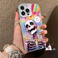 Cartoon Skeleton Funny Girl Color Graffiti Rainbow Case Compatible for IPhone 7Plus XR 14 11 12 15 13 Pro Max XS Max X 14 7 15 8 Plus SE 2020 Couples Luxury Plating Metal Lens Case. 