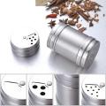 SET OF 2 STAINLESS STEEL ROTATING LID SMALL-SIZE SALT OR PEPPER SHAKER JAR / DISPENSER. 