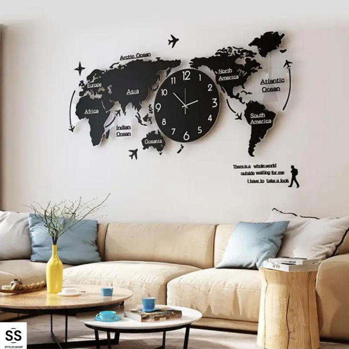 world map wall clock for room and office decoration