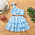 Kids Girl Summer Skirt Outfit Solid Color One Shoulder Sleeveless Ruffled Crop Tops and Stretch Casual Layered Skirt Set. 
