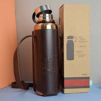 1500-ML- Gold Stainless Steel Water Bottle With Leather Pouch Insulated Double Wall Flask Hot And Cold High-Quality Imported Collection