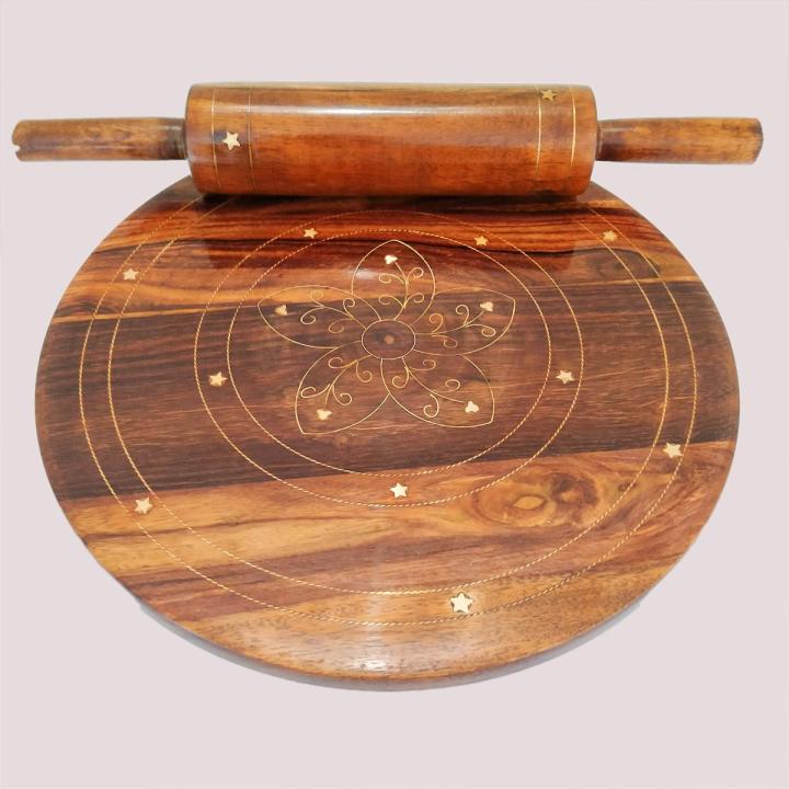 Chakla Belan - Chakna Belna - Set with Brass Work - Bread Rolling Board and Rolling Pin, Chakla Belna