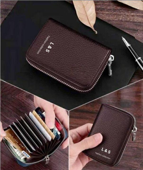 Boweisi and L&S New Men's Genuine Leather Card Holder Storage Bags Blocking Zipper Thin Pocket