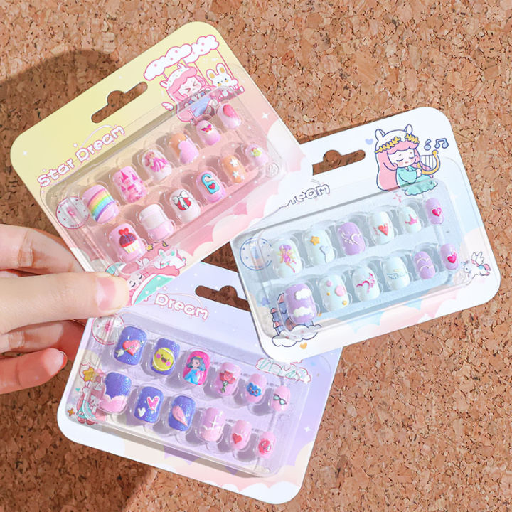 12pcs/Box Children Acrylic Nails Safe Non-Toxic Adhesive Nail DIY Artificial Fingernails for Girls Children's Day Gift