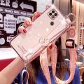 For Realme C21 Back Cover, [Camera Lens Protection] [Lanyard + Wrist Strap Stand Holder] Luxury Ultra Thin Plating Bumper Phone Case Soft TPU Silicone Shockproof Cellphone Cases Protective Cover. 
