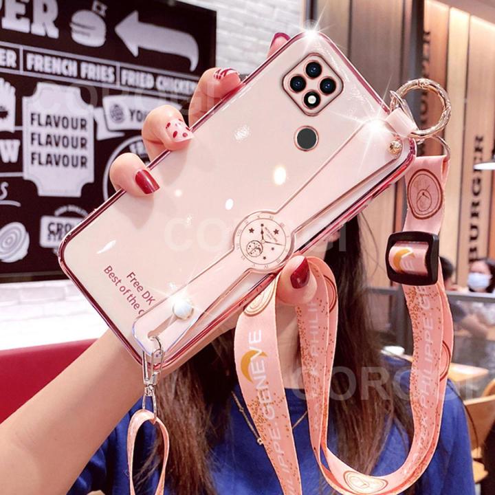 For Realme C21 Back Cover, [Camera Lens Protection] [Lanyard + Wrist Strap Stand Holder] Luxury Ultra Thin Plating Bumper Phone Case Soft TPU Silicone Shockproof Cellphone Cases Protective Cover