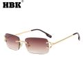 HBK Retro Rimless Sunglasses For Women Men Small Square Gold Frame Brand Design Tea Shades Rectangle UV400 Zonnebril Eyewear. 