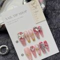 10pc handmade acrylic Millennium hot girl y2k artificial nail with glue full cover pink ballet false nail with butterfly pattern. 