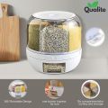 Grain storage box for kitchen, 360° Rotating Food Dispenser, Multi Grid Rice Storage Box with Easy One Click Dispensing for Kitchen Organization, Rice Dispenser for home uses. 