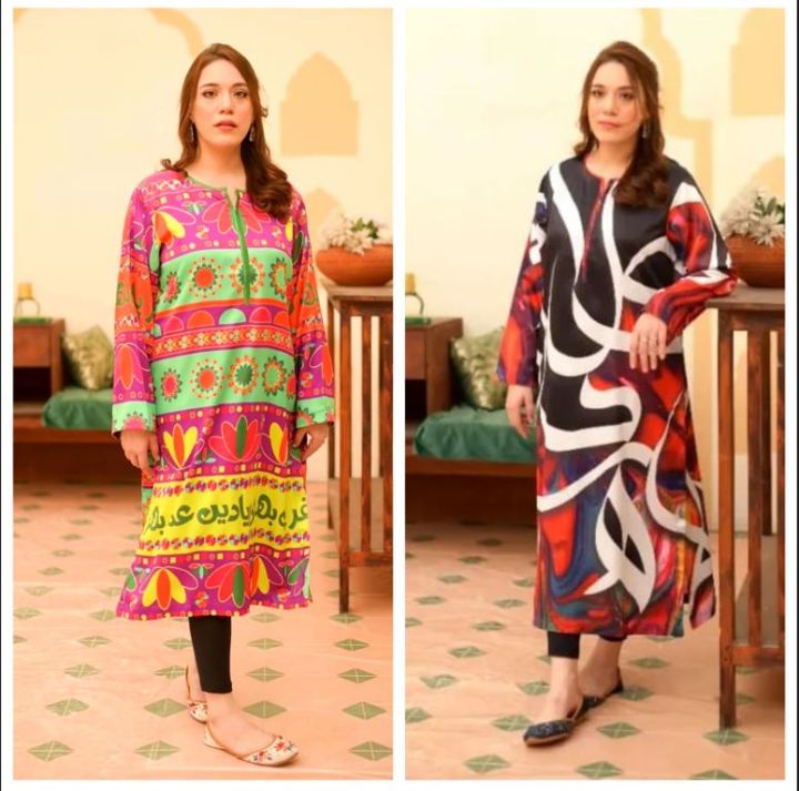 Shah Kamal Fabrics Unstitched Digital Silk Printed Multicolor Urdu Calligraphy Shirt For Ladies-CS1