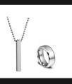 Silver Titanium Finger Ring With Cuboid Rectangle Neck Pendant Chain Necklace For Boys And Men (Pack Of 2). 