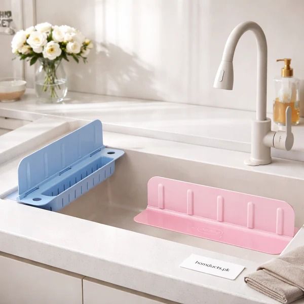 2-in-1 Sink Splash Guard with Storage Basket – Retractable Water ...
