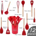 12 Pcs Silicone Cooking Utensils Kitchen Utensil Set - Heat Resistant Non-Toxic BPA Free Spatula Set with Turner Tongs,Spoon,Brush,Whisk-Wooden Handles Kitchen Gadgets Tools Set for Nonstick Cookware. 