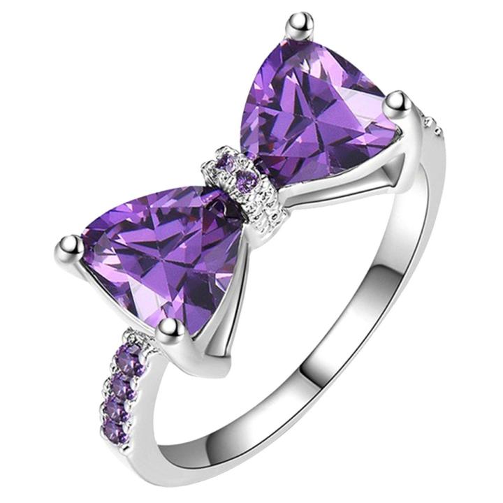 Wedding Engagement Party Bowknot Faux Amethyst Inlaid Finger Ring Bridal Jewelry