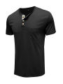 Men's Summer Henley Collar Tops, Solid Color Short-Sleeve Buttoned Decoration Slim T-shirt. 