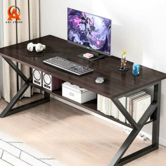 Computer desk table simple modern K-shape portable folding computer laptop study table Gaming Table office desk home furniture with storage bookshelf laptop writing table workstation with metal frame waterproof laminated 4X2.5X2ft