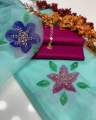 New Arival Most Demanding Article  Hand Paint Emblished Organza With Beats Adda Work Dupatta Along Qataan Silk Shirt & Trouser. 