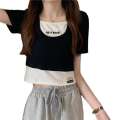 Super hot sleeved T shirt women's summer Korean version trendy internet celebrity student fake two short high waisted slim fit tops. 