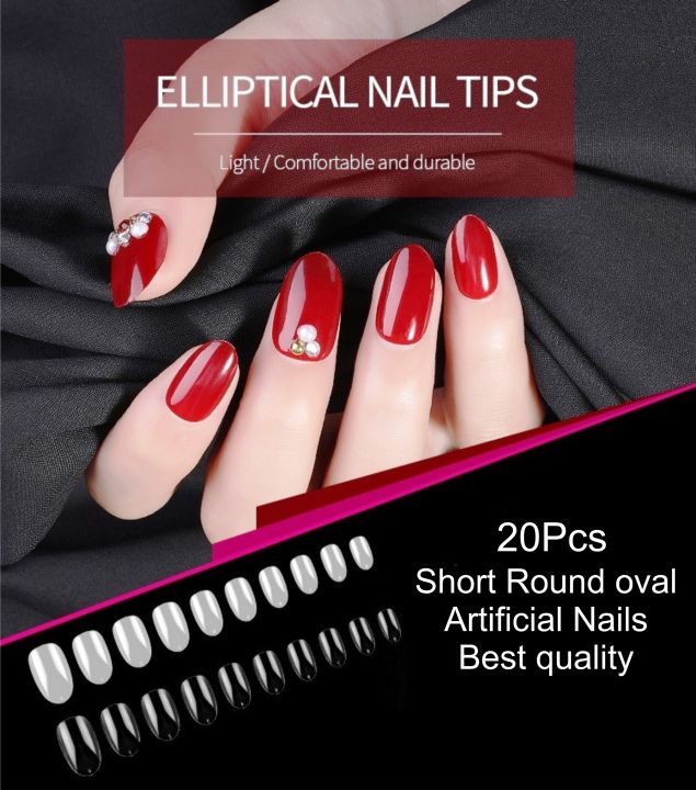 20Pcs Short Oval Artificial Full Cover Round Thin Natural Nails Tips
