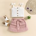 2PCS Toddler Girls Summer Clothes, Bow Strap Ribbed Knit Tank Tops + Belted Skirt Set. 