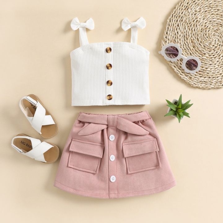 2PCS%20Toddler%20Girls%20Summer%20Clothes,%20Bow%20Strap%20Ribbed%20Knit%20Tank%20Tops%20+%20Belted%20Skirt%20Set%20-%20Image%203