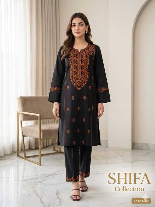 Cotton Embroidered 2 Pcs Suit | Panel Embroidered Shirt Side Sleeves & Embroidered Trouser | Premium Quality Fabric