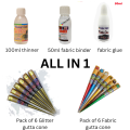 6 fabric gutta cone , 6 glitter gutta cone , 50 ml fabric binder , 100ml thinner , 30 ml fabric glue. 
