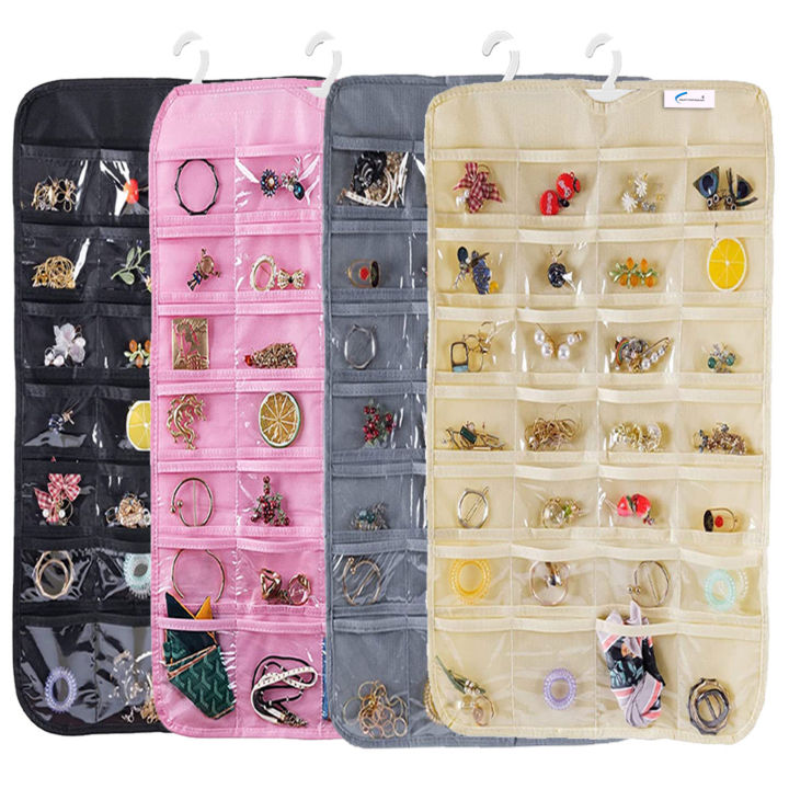 Efficient Hanging Jewelry Organizer with Embossed Pattern and 28 Clear PVC Pockets: Organize Your Jewelry in Style