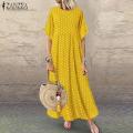 【ALLGOOD】Women Flared Short Sleeve Summer T-Shirt Dress Polka Dot Long Maxi Dress. 