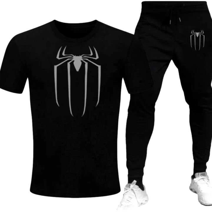 Black Spiderman Printed Cotton Half Sleeves O Neck Trouser & Tshirt For Men & Boys