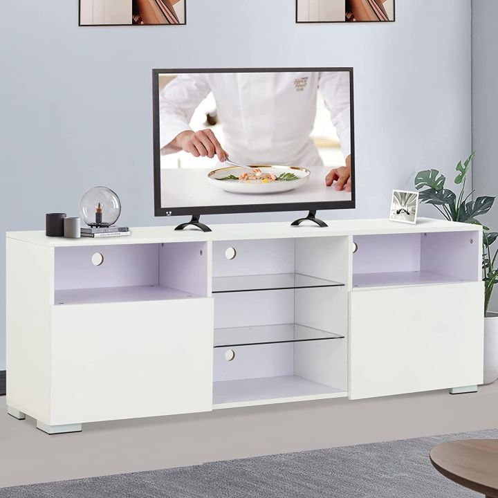 TV%20LCD%20LED%20Media%20White%20TV%20Stand%20w/Lights%20Modern%20LED%20TV%20Stand%20w/Remote%20Control%20High%20Gloss%20Media%20Console%20for%2060%20Inch%20TV%20Entertainment%20Center%20with%203%20Layers,%202%20Doors%20and%20Open%20Shelf%20-%20Image%202