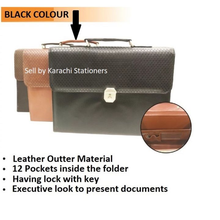 Leather Expanding Bag File Folder with 12 Section Pockets, FC Size