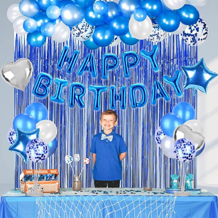 Happy Birthday Blue Decoration Set Including Birthday Foil + 30 Balloons + 5 x Confetti Balloons +2 x stars & Hearts +1 pc Curtains 6 feet Length ) Party Items Birthday Themes -Birthday Decoration -Birthday Theme For Boy/Girl -Birthday