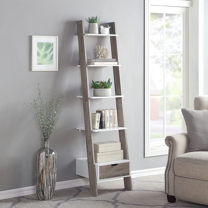 Two-Tone%20White%20and%20Walnut%20Finish%205%20Tier%20Bookcase%20Shelf%20Ladder%20Leaning%20with%20Drawer%20-%2072"%20Height%20-%20Image%203