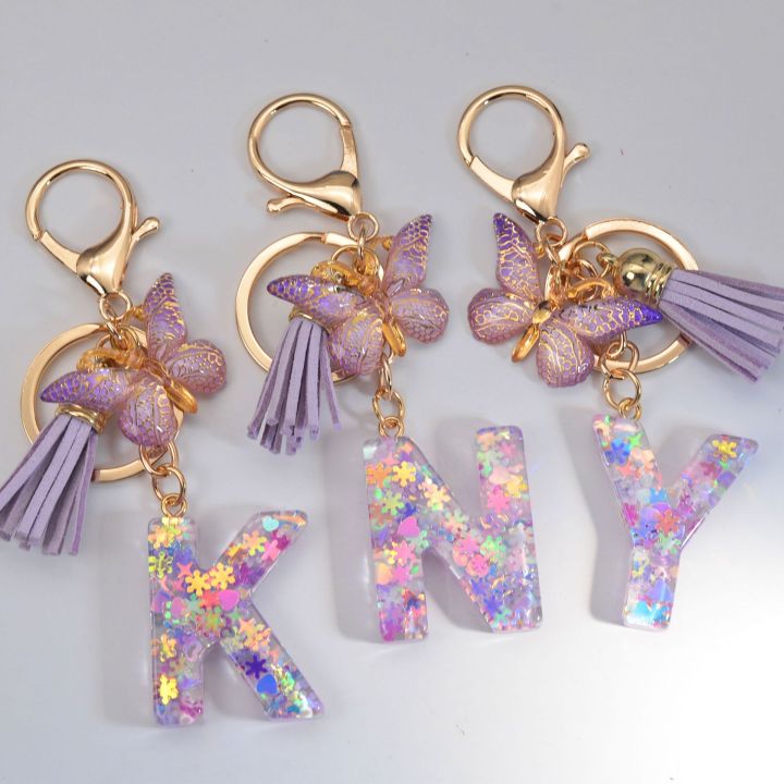 Sequin Crystal Drop Glue English Letter Key Chain Men's And Women's Bag Gift Pendant Key Ring