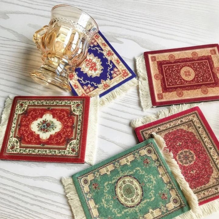 Mini Persian Woven Rug Mat Tassels Cup Coaster Mousepad Retro Carpet Coffee Dining Pad Living Room Home Office Table Decor